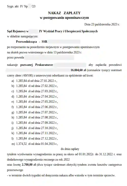 Nakaz zapłaty w postępowaniu upominawczym uzyskany w sprawie cywilnej pracowniczej o zapłatę dla klienta przez adwokata Pawła Lecha Szymanowskiego.